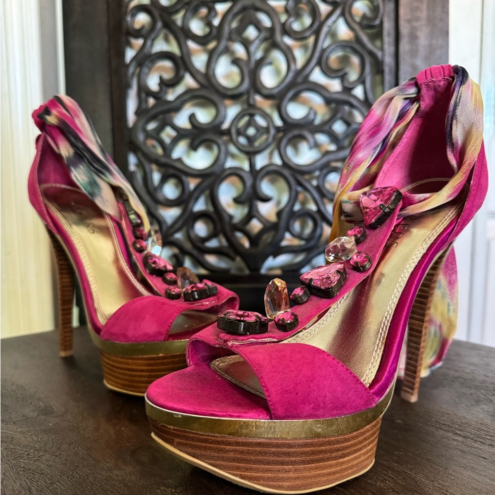 Bakers Pink Suede Platform Heels with Ruffled Straps
